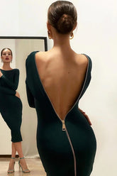 Cocktailparty-Midikleid mit tiefem V-Ausschnitt und Reißverschluss hinten - Smaragdgrün